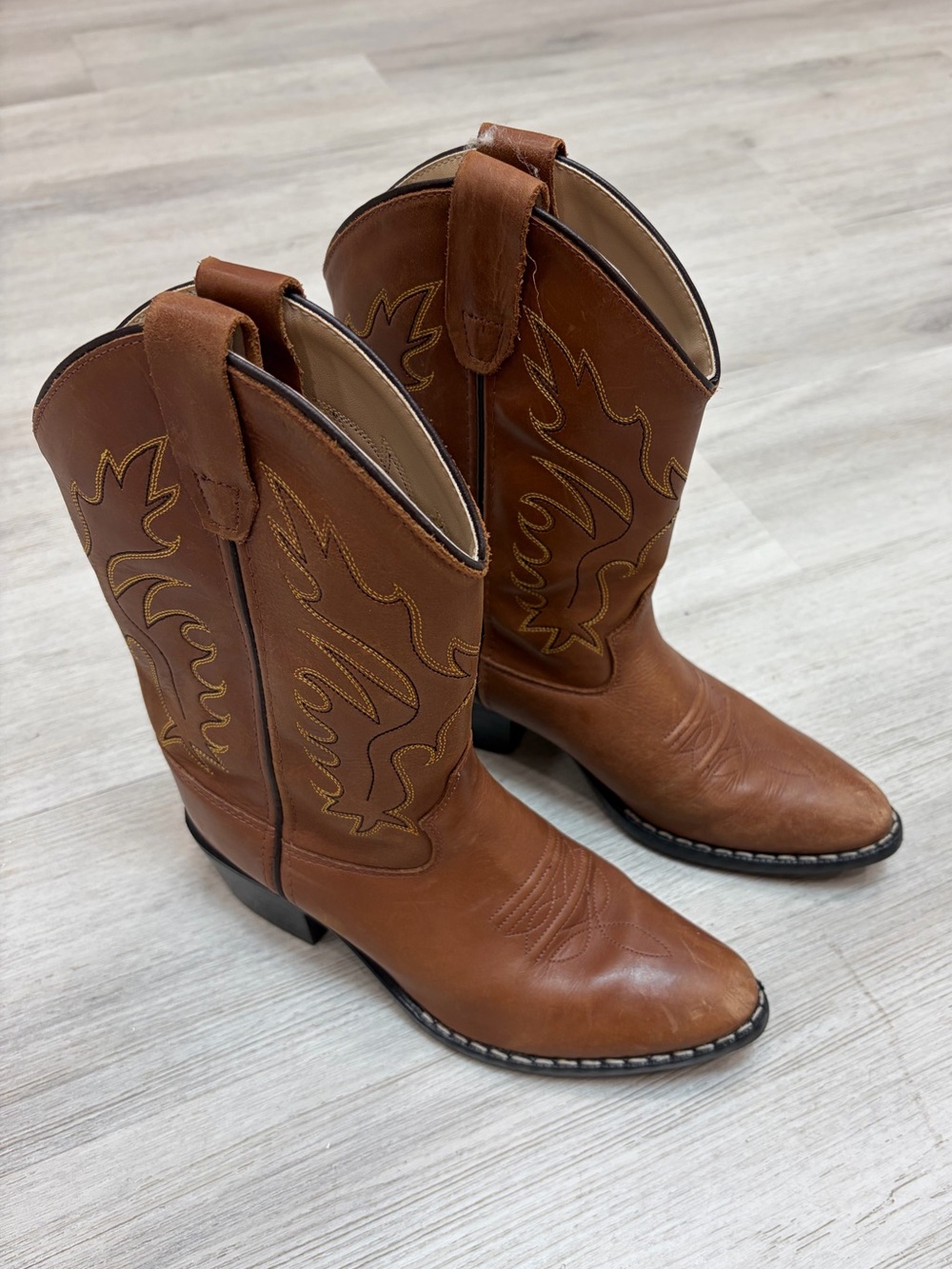 Old West Kids 8129 Tan/Brown Leather Western Cowboy Boots Size 3.0D